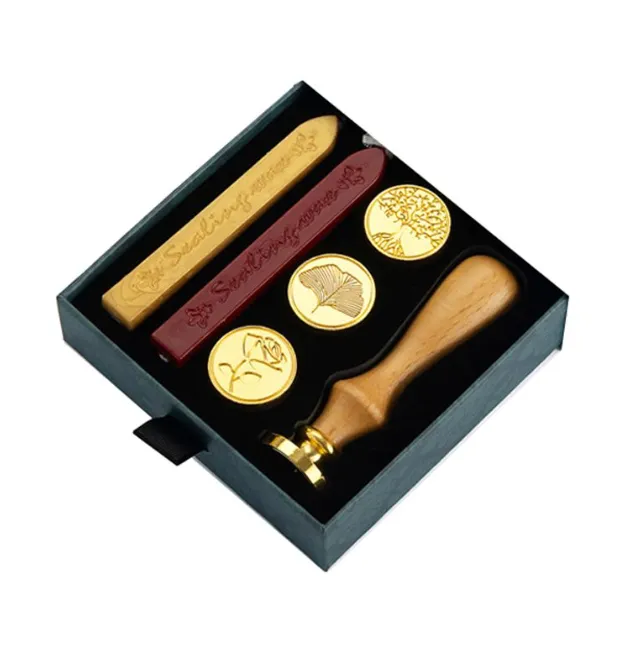 Removable 4 Heads Wax Seal Brass Stamps with Wooden Handle Set