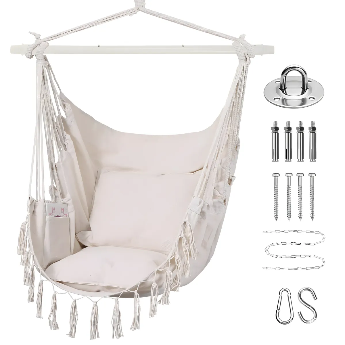Hanging Hammock Chair Swing, Cushions Hardware Kit, Indoor Outdoor Macrame