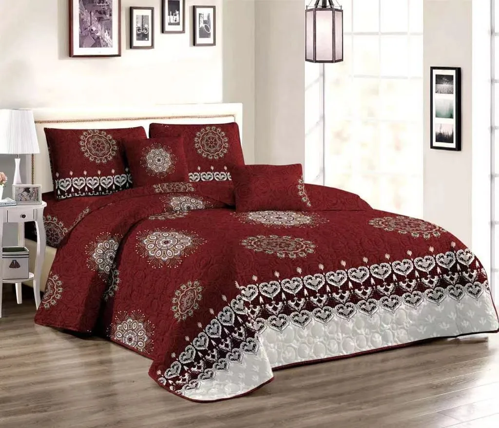 Large Design Brown 5 Pieces Quilted Bedspread Set
