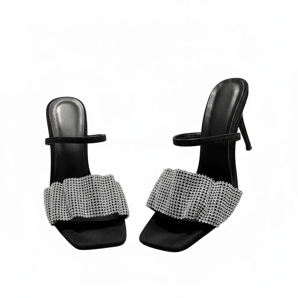 Crystal Ruffle Square Toe Strap Sandal Heels - Black