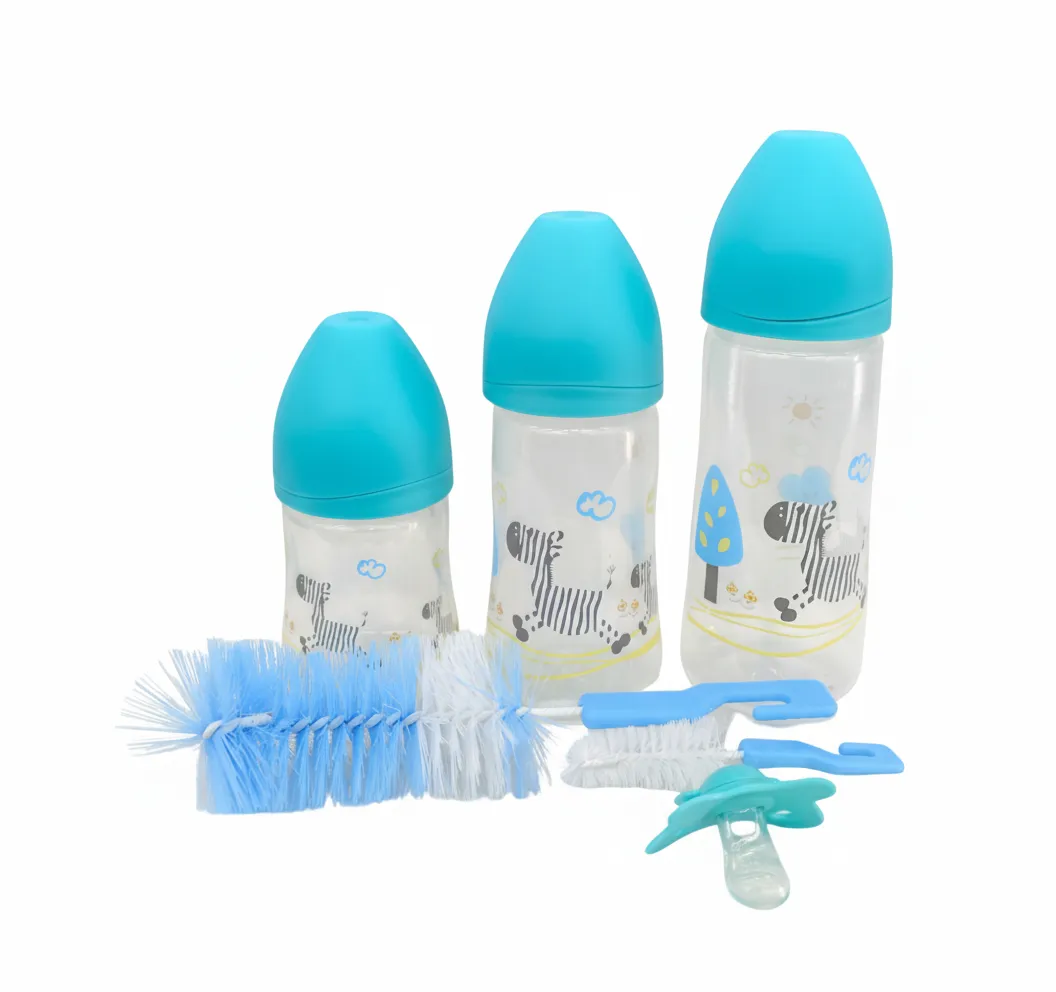 Complete 5-Piece Baby Feeding Bottle Set with Brushes & Pacifier - Blue