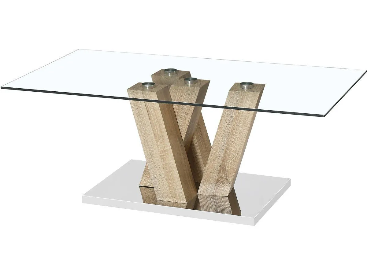 Modern Glass Dining Table 210cm - Oak Pedestal Legs & Stainless Steel Base