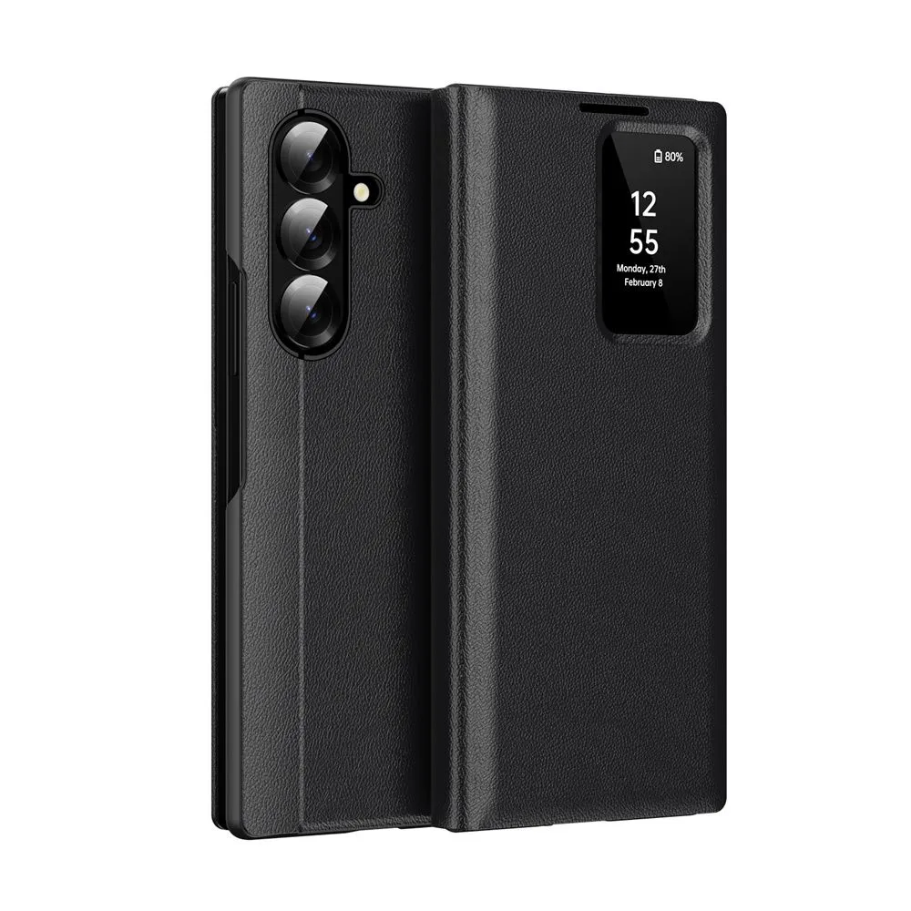 Smart Window Leather Flip Cover Compatible With Samsung Galaxy Z Fold 7 - Black