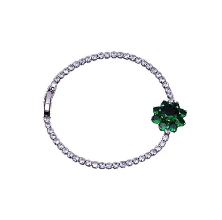 Silver Tennis Bracelet with Emerald Green Flower