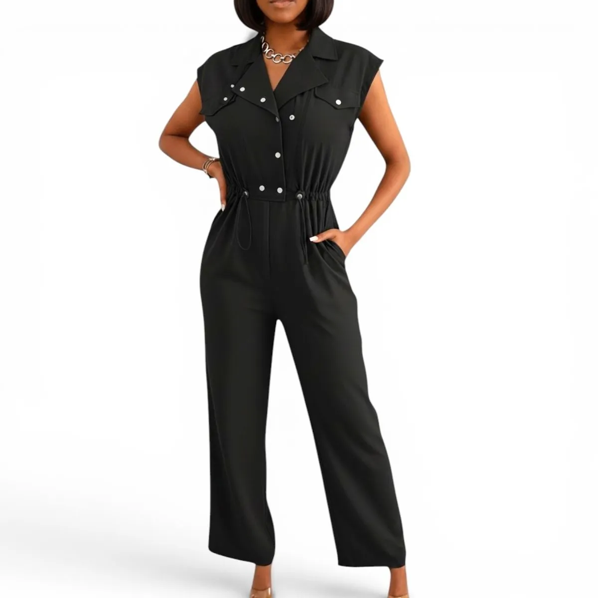 GlammeFab Elegant Button Up Casual Jumpsuit -Black