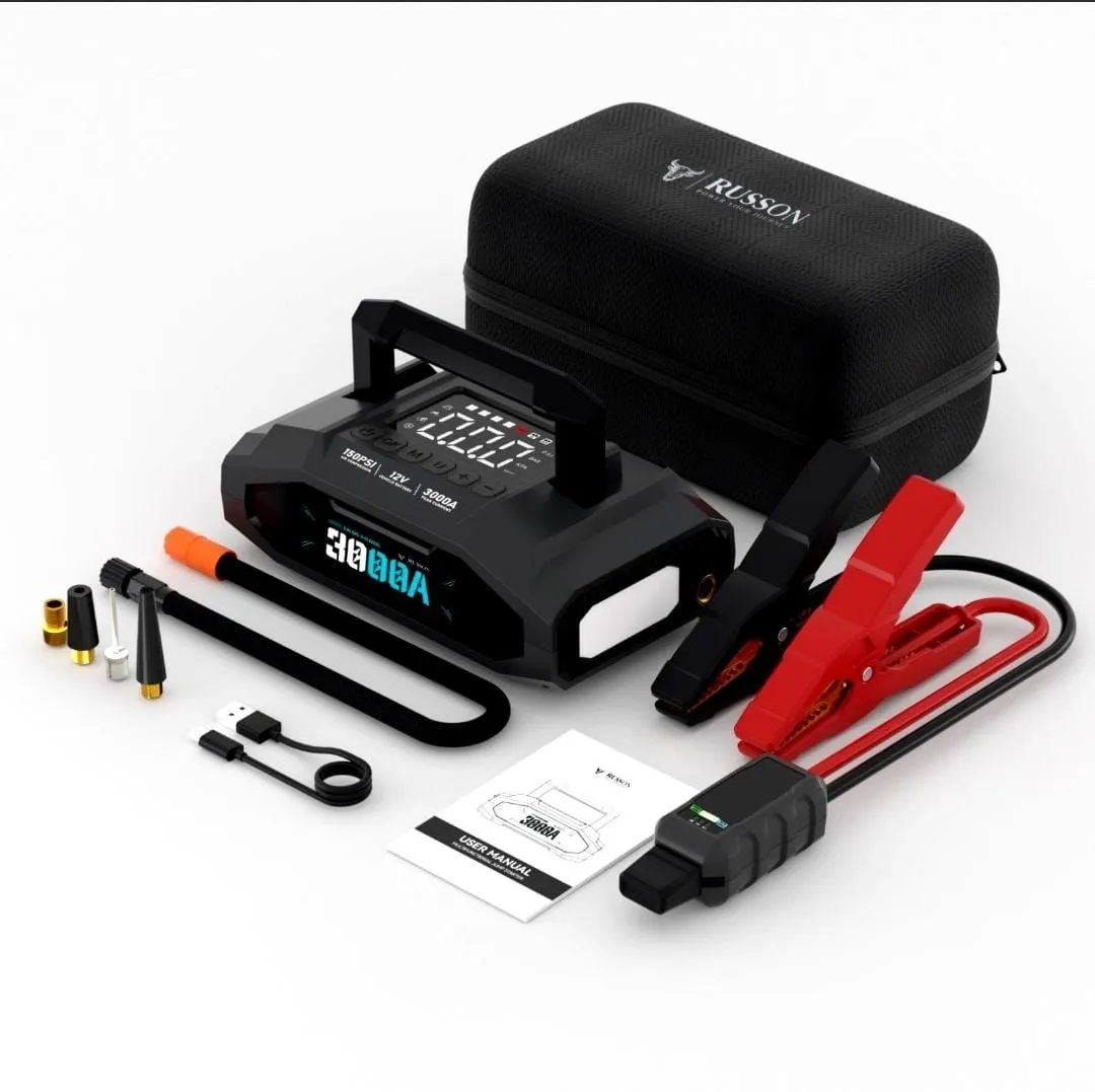Portable Jump Starter & Compressor on a 3000A Peak Current and 20,000Mah