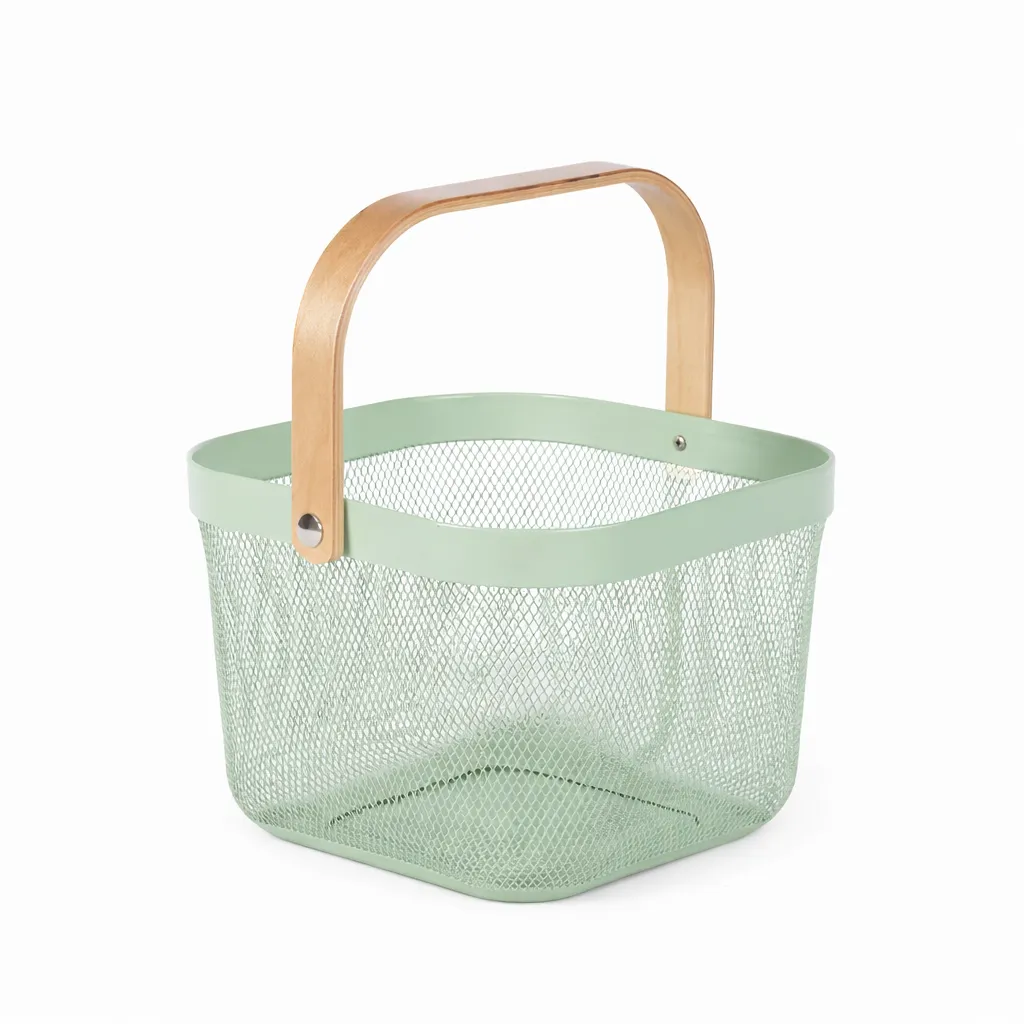 Green Mesh Storage Basket with Wooden Handle