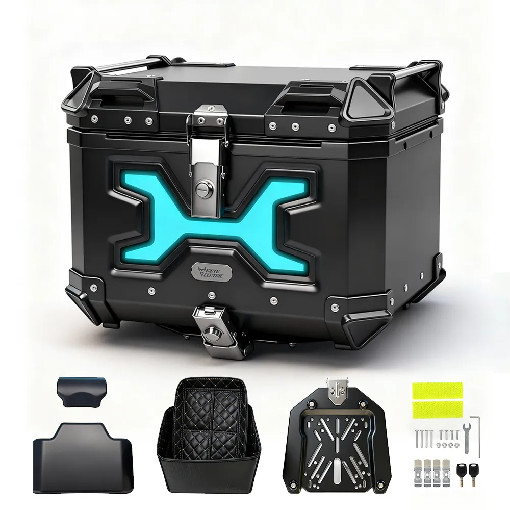 Motocentric Illuminated Motorcycle Top Case, 45L Aluminum Alloy Tail Box - Blue
