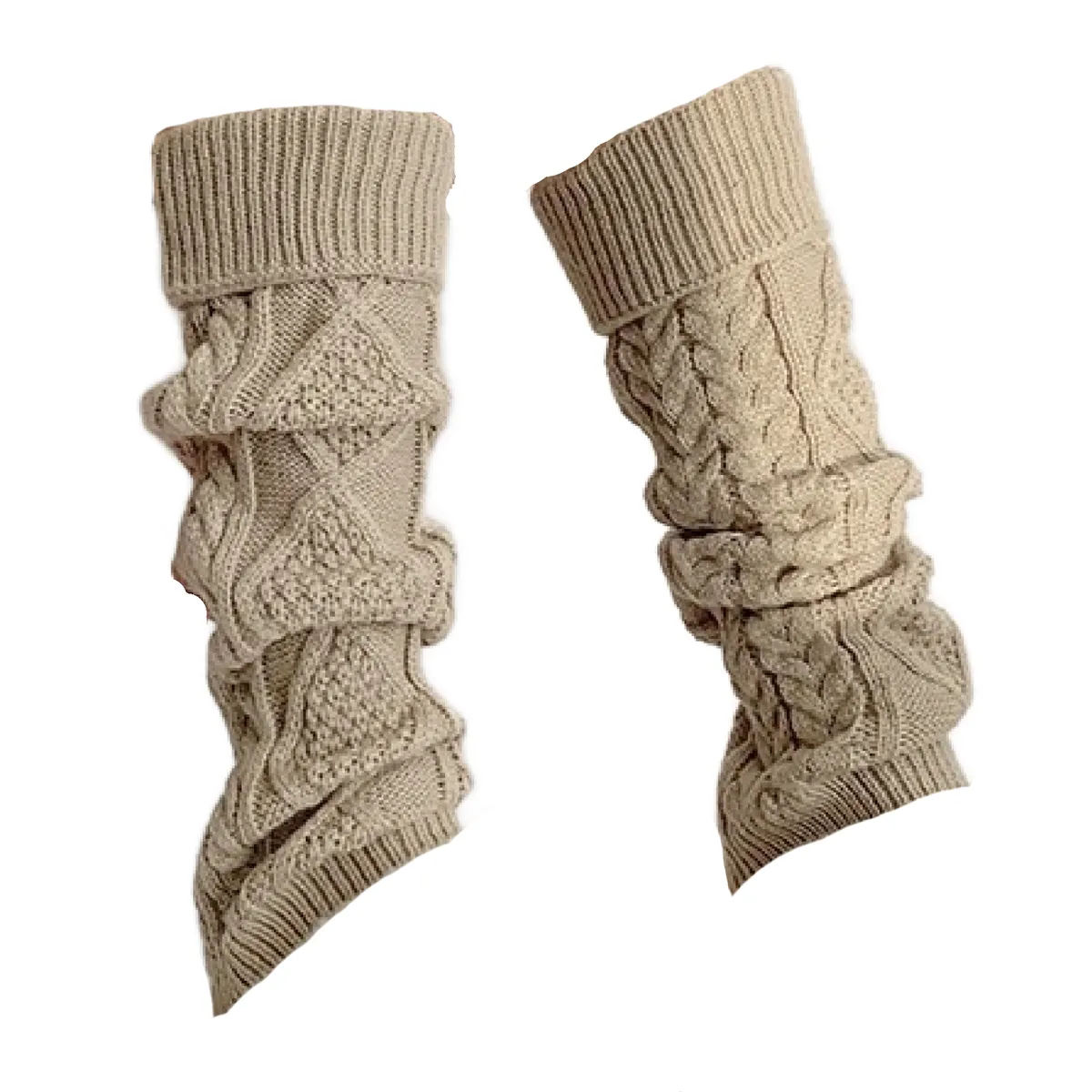 Leg Warmers - Knitted Pattern Rhombus-Winter Unique Funky Fashion Wear - Beige Khaki