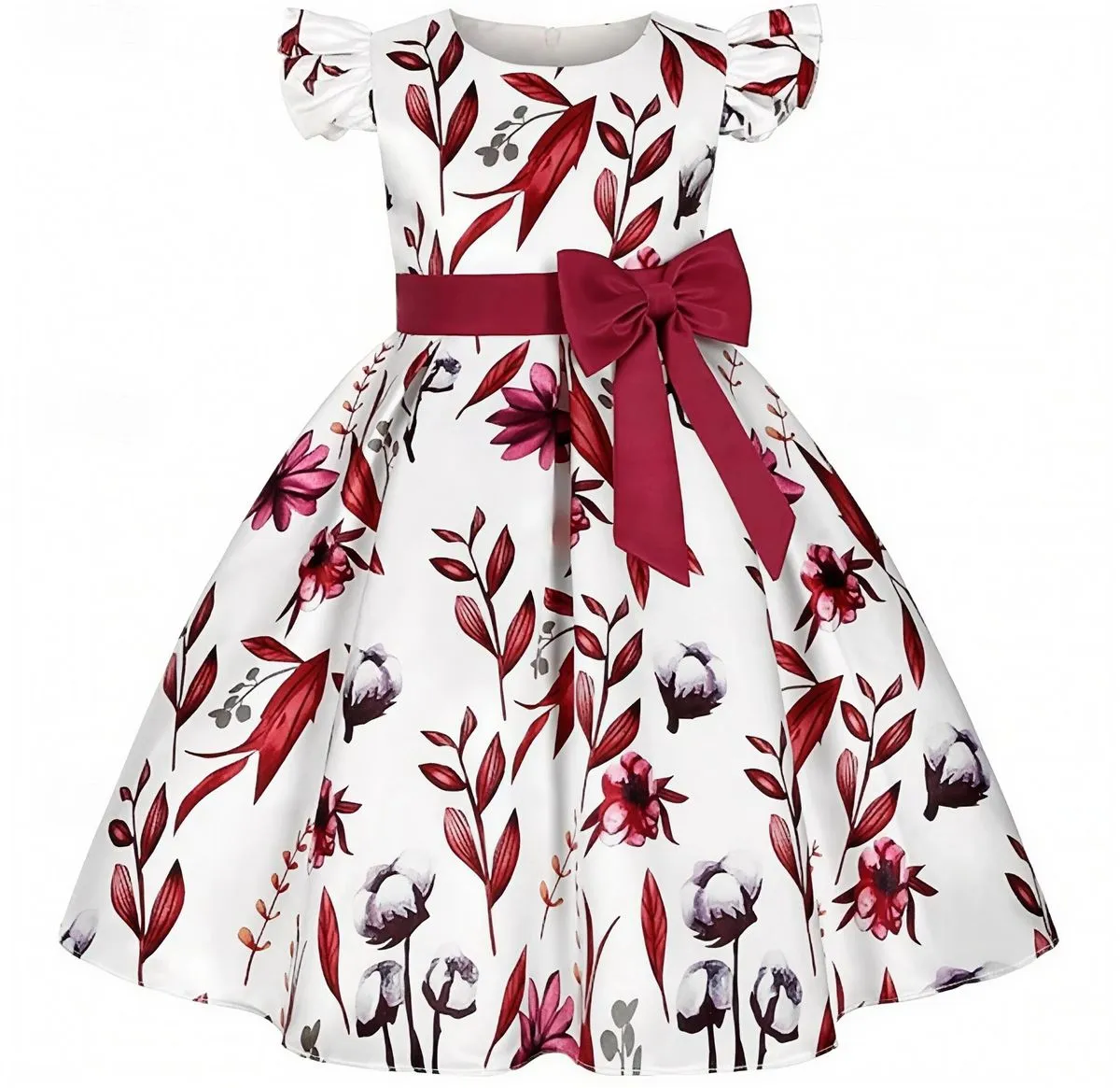 Elegant Red and White Floral Princess Dress for Girls