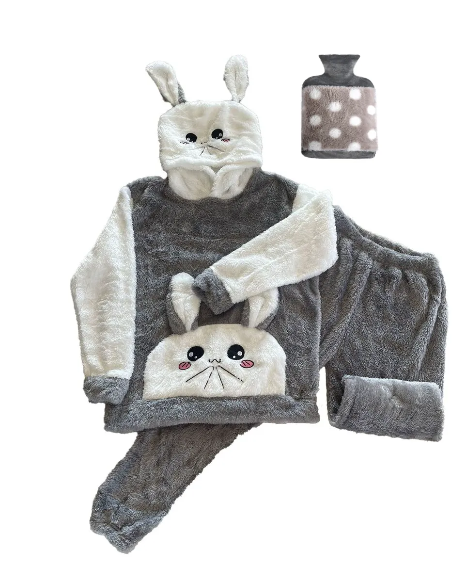 Girls Teen Fluffy Winter Bunny Pajamas Set - Grey