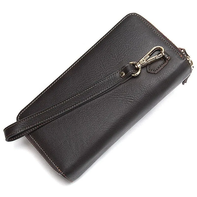 Black Double-Zip Genuine Leather Wallet