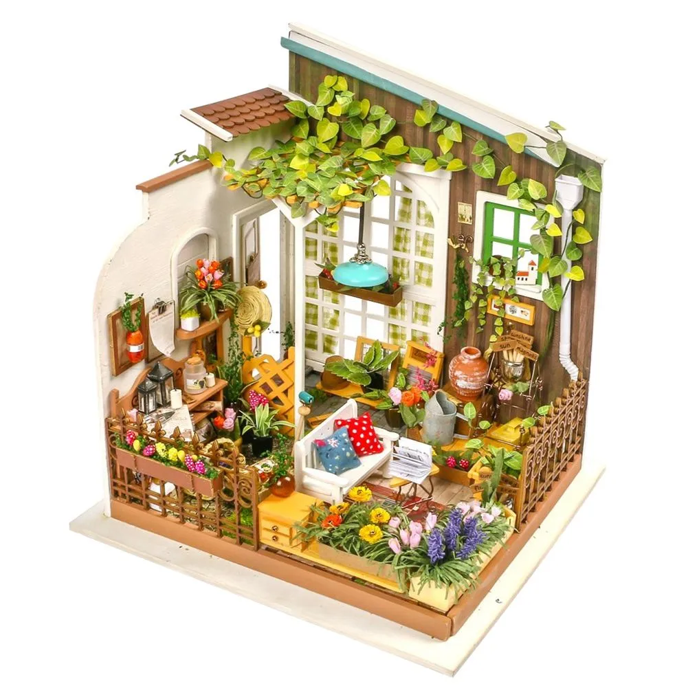 DIY Doll House Kit with Lights Wooden Miniature Model Gift 21x19x18.3cm