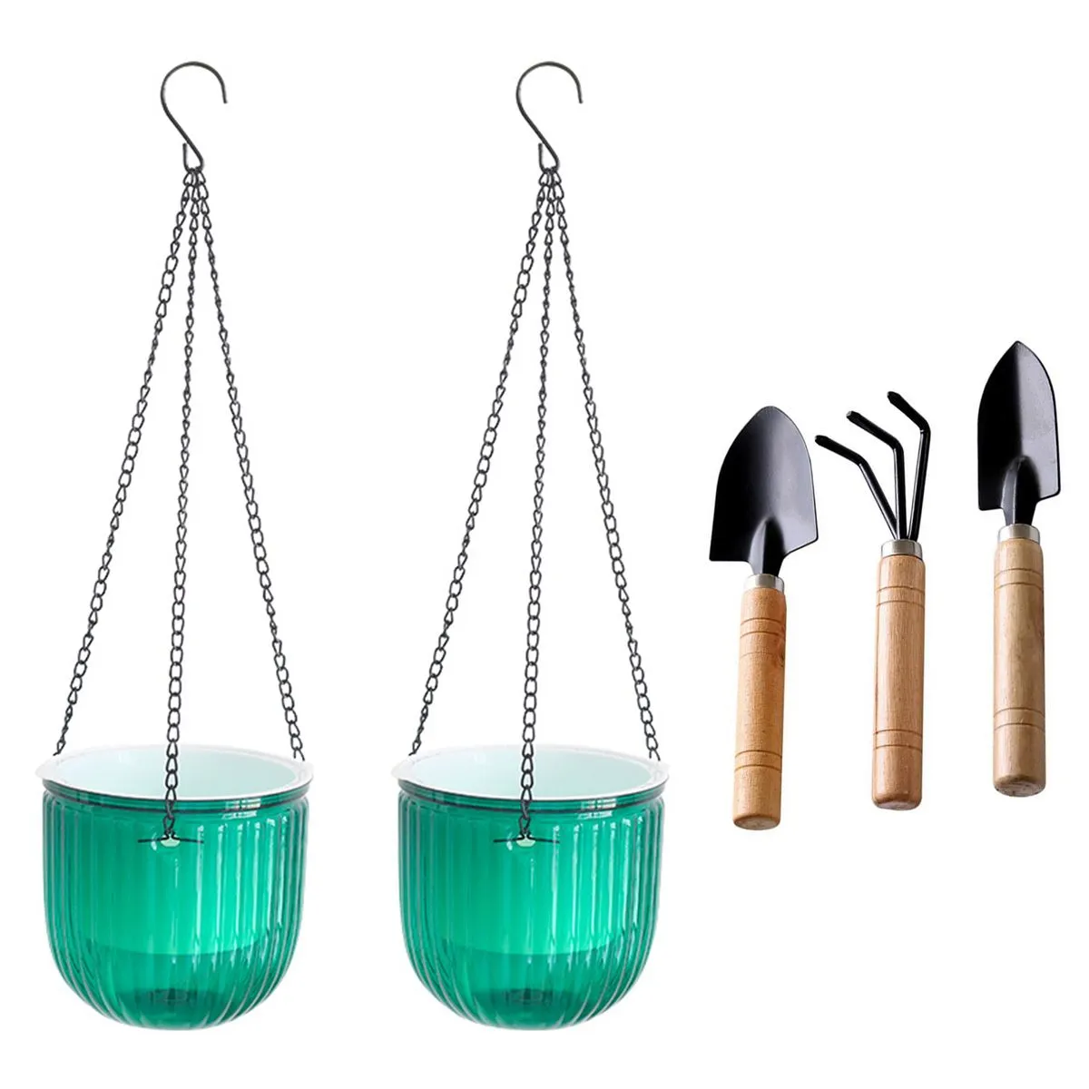 2pk Hanging Plant Pot Clear/Green with 3 Garden Tools Flower Pot Outdoor - Green