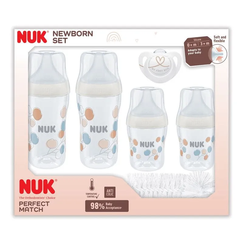 NUK Perfect Match Newborn Set - Baby Bottles & Dummy for 0+ Months - Cotton