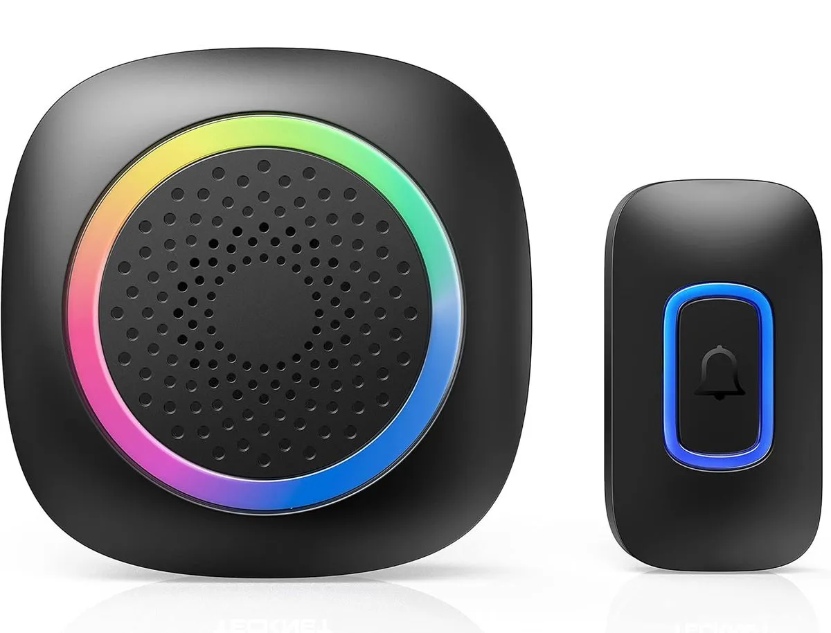 Wireless Doorbell with RGB Alarm Lighting - Longest 300m - Battery-Powered - Black