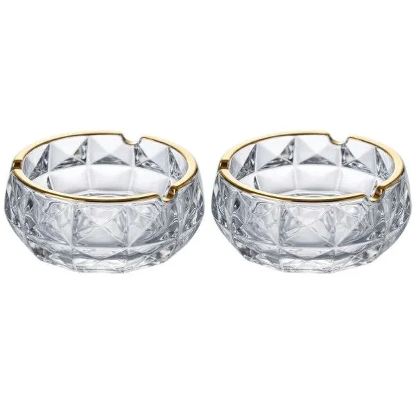 2 Pack - Elegant Cut-Glass Ashtray Duo With Gold Edge - Transparent