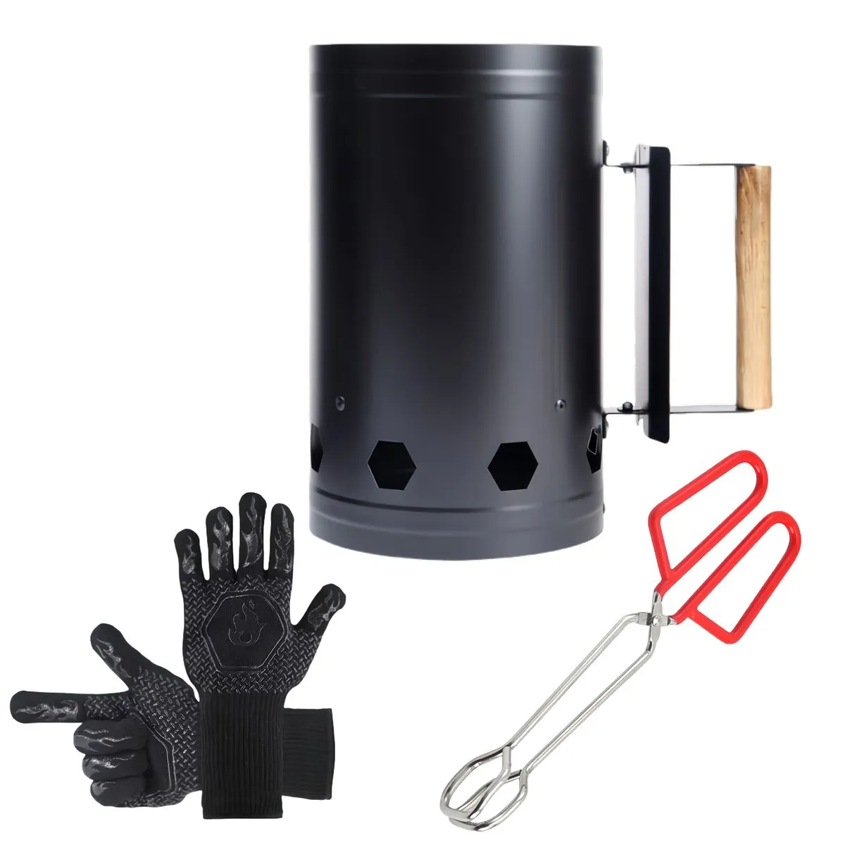 Charcoal Chimney Starter With Fire Tongs Gloves for Charcoal Coal BBQ