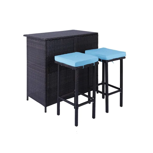 MFurn 3-Piece Rattan Bar Set with Table & Cushions - Outdoor Patio - Black Frame & Aqua Blue Cushio…