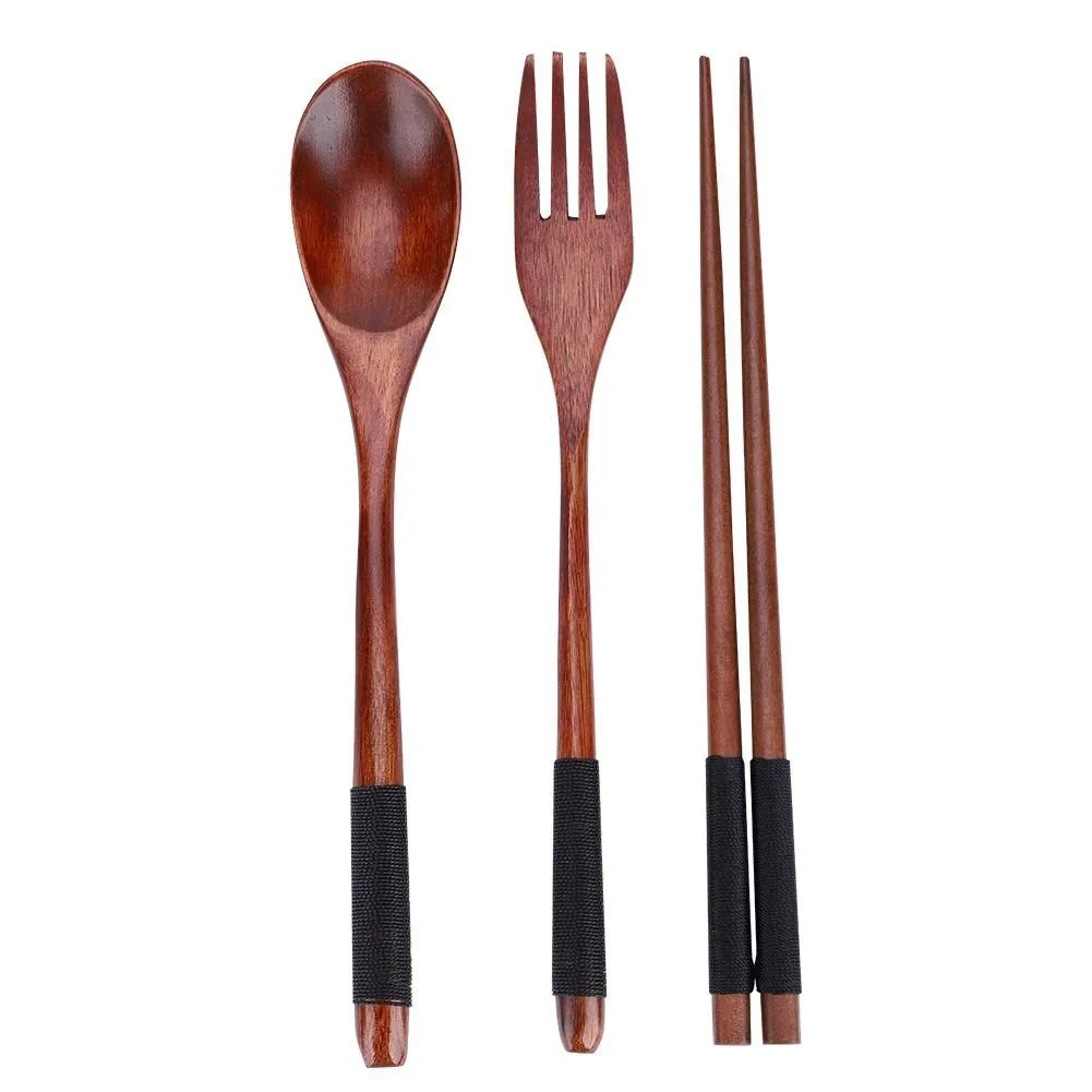 Wooden Spoon Fork Chopsticks 3pcs Set for Camping Travel