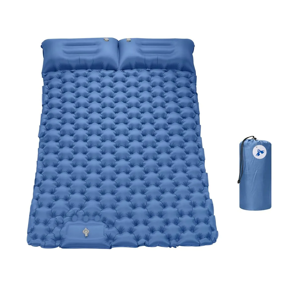 Inflatable Double Camping Mat Sleeping Pad with Foot Pump & Pillow - Blue
