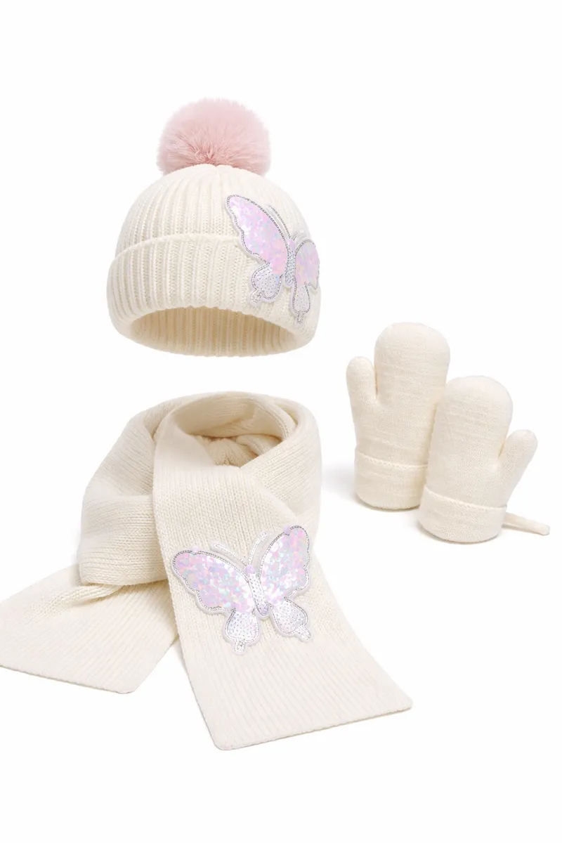 Girls Sequin Bow Beanie, Scarf And Gloves Set, Warm Winter - White