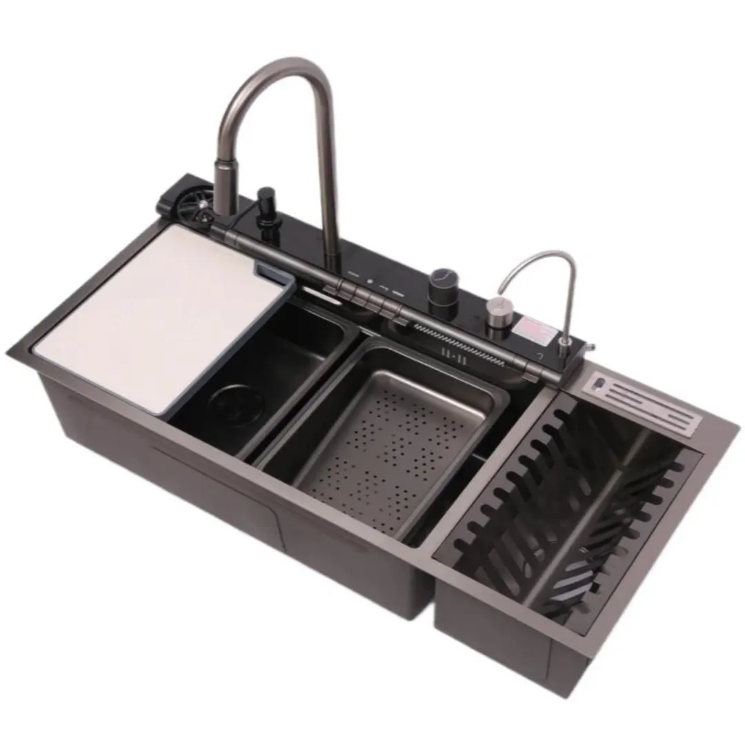 Digital Display Double Honeycomb Kitchen Sink with Plate Rack