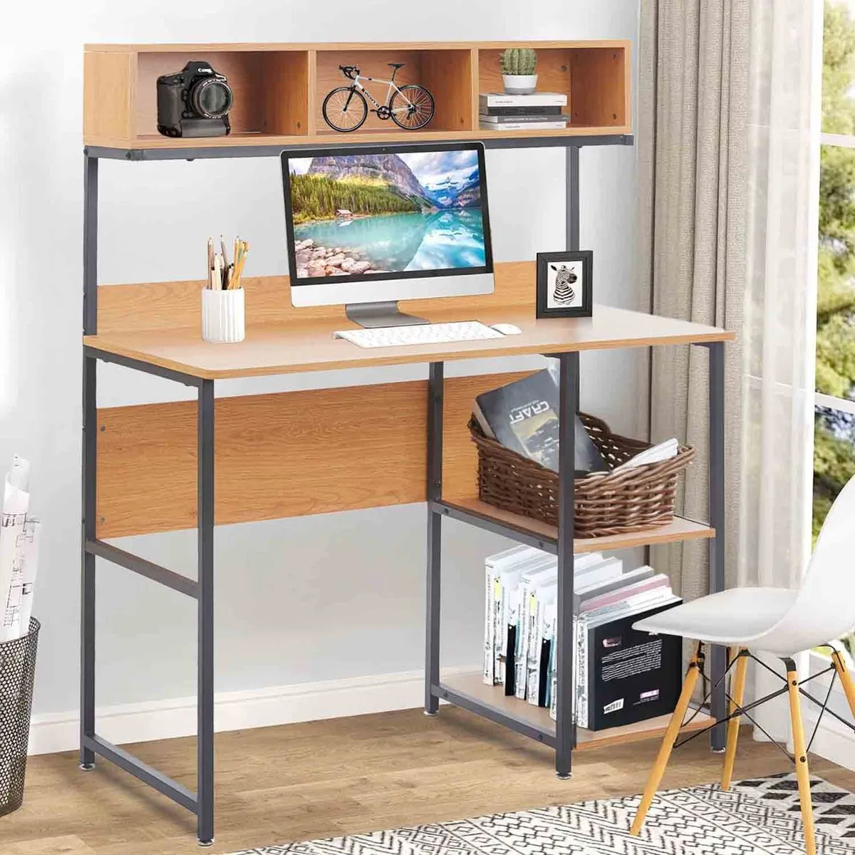 Computer Desk Dressing Table Study Workstation with Top Hutch & 2 Shelves