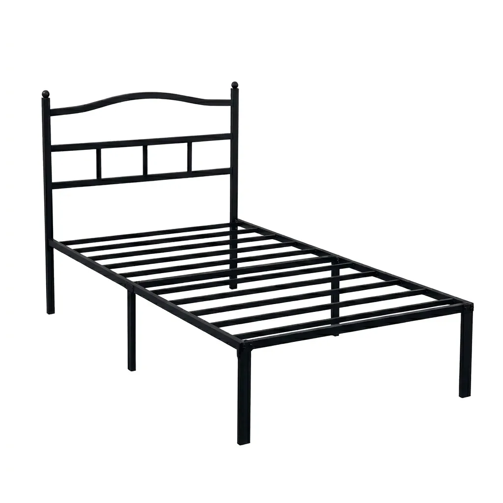 Black Metal Single Bed Frame with Headboard Sturdy Steel Slats 190x90cm