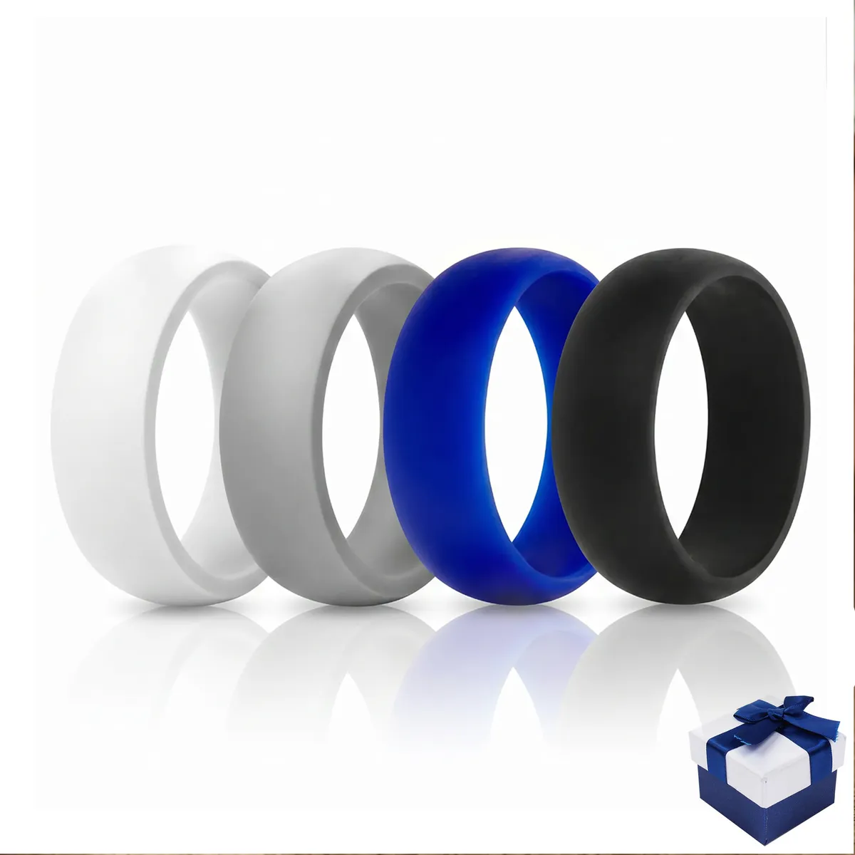 Silicone Wedding Ring Set of 4 - Black / Blue/White/Grey