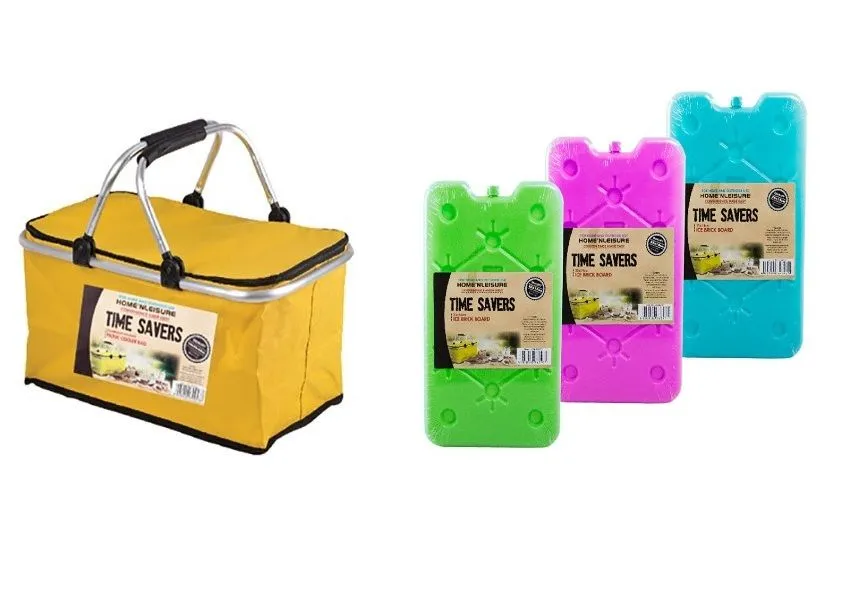 Yellow Cooler Bags With Handles Nylon 46x28x22cm +3 Piece Ice Brick Boards 25x14cm