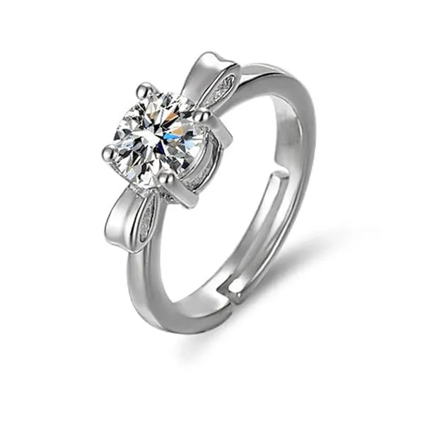 Silver Ring Crystal Studded Bow Tie Solitaire Adjustable Finger Ring