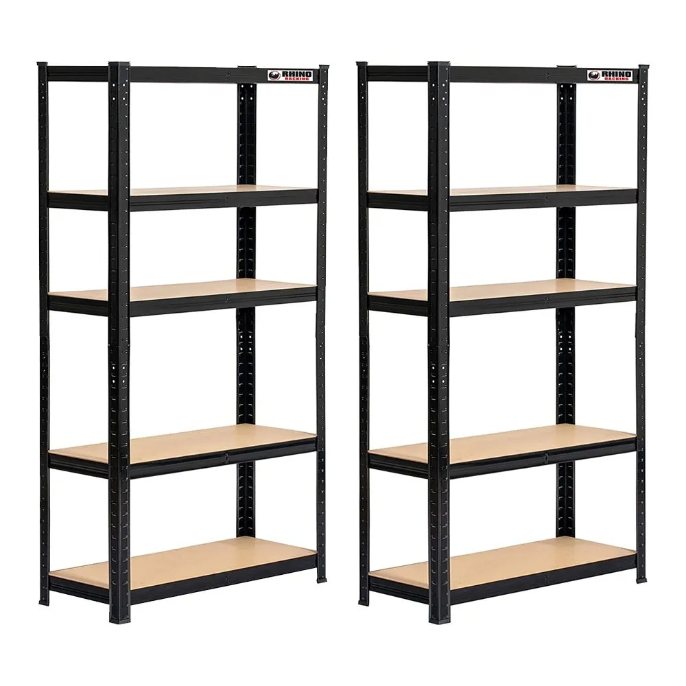 Rhino Racking 180x90x30cm 5 Tier Storage Shelving 200Kg Galvanised x 2 Sets - Black