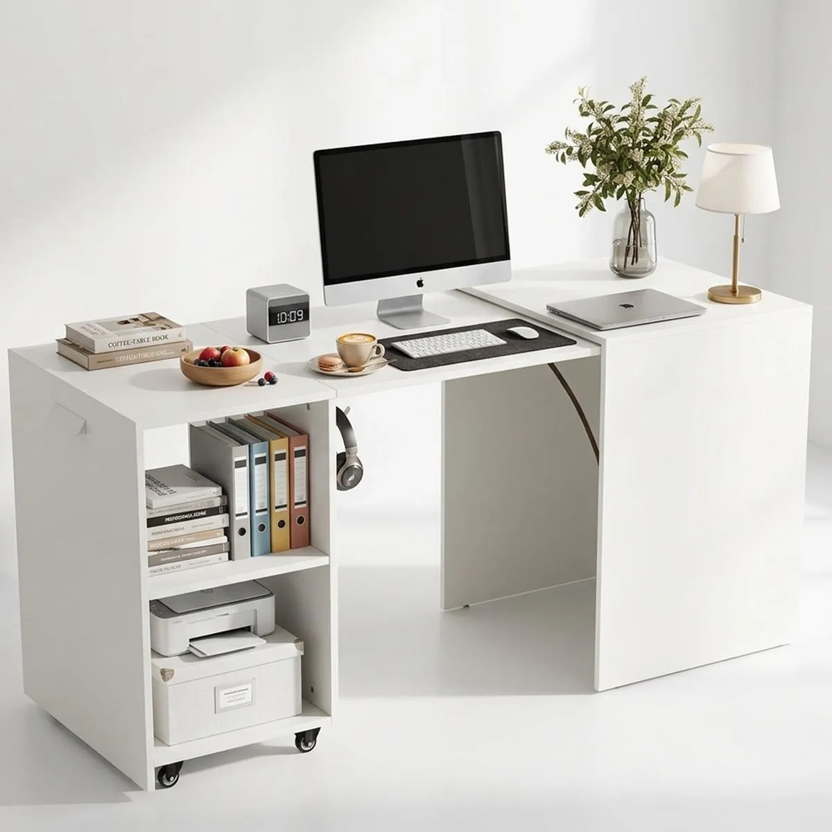 Folding Work Desk Convertible Side Table Wheel Dining Table Office Storage