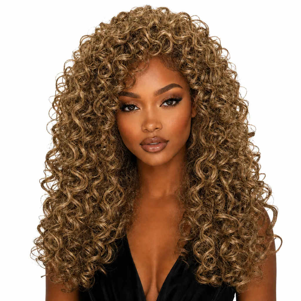 26 Inch Light Brown Curly Wig - Long Synthetic Hair with Volume