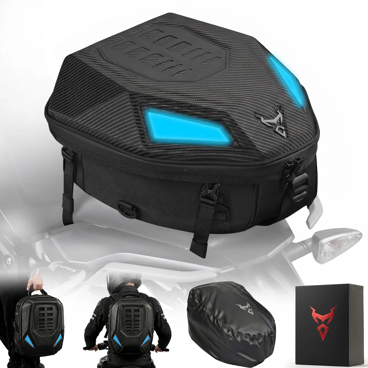 Motocentric 25L Motorcycle Tail Bag Backpack - Waterproof, Helmet Storage - Blue