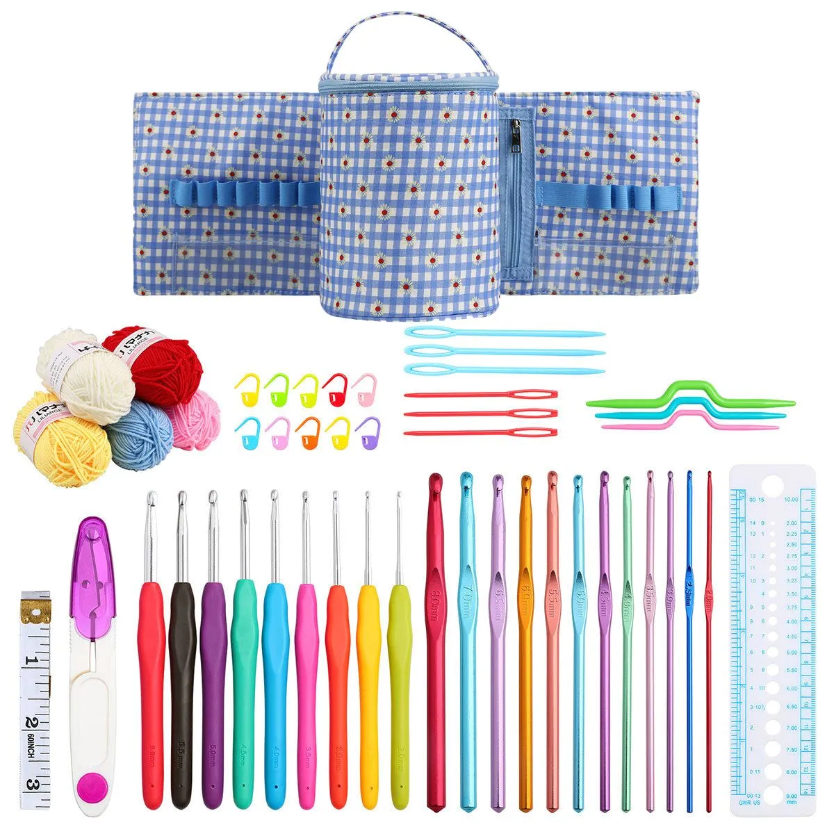 50Piece Crochet Hooks Kit with Storage Bag DIY Knitting Tools for Beginners - Blue, White