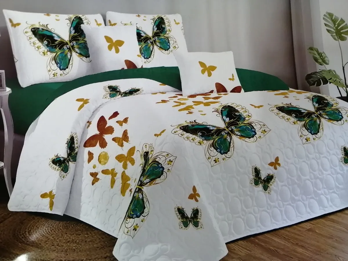 Green Butterfly 5 Piece Quilt Set Bedspread Set