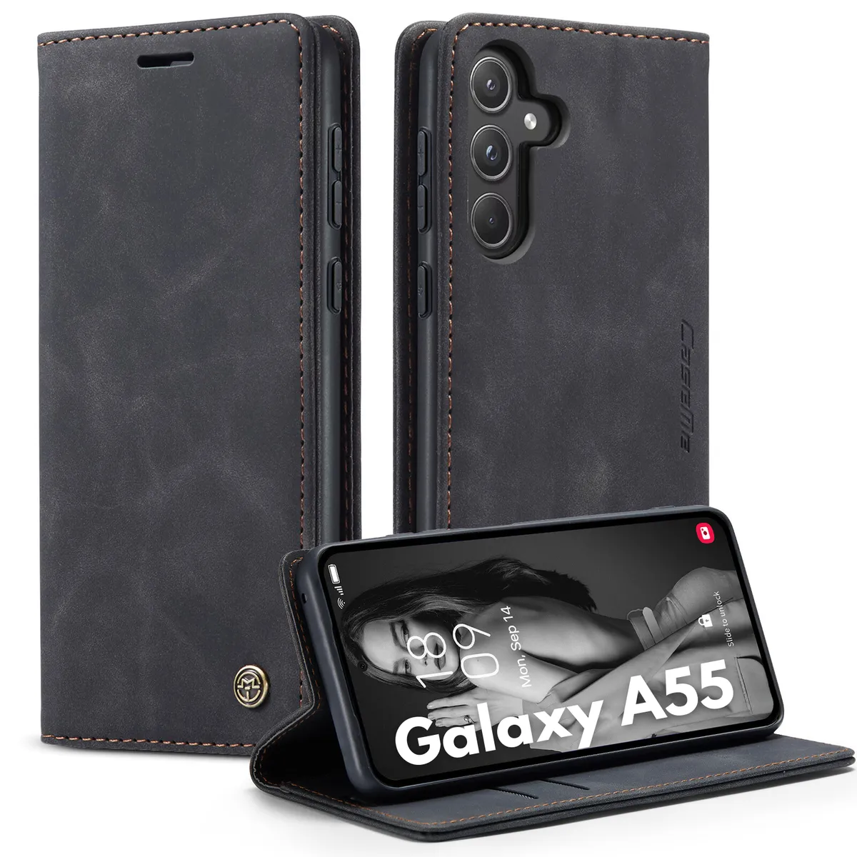 Retro Flip Case Compatible with Galaxy A55 Leather Wallet Cover - Black