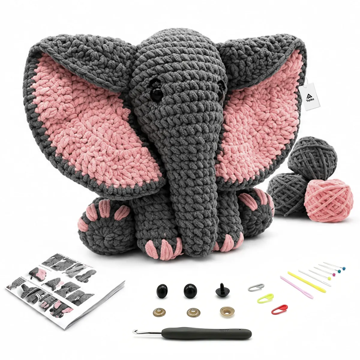 Topika - Crochet Kit For Beginners, Pink-Eared Elephant Crochet Set