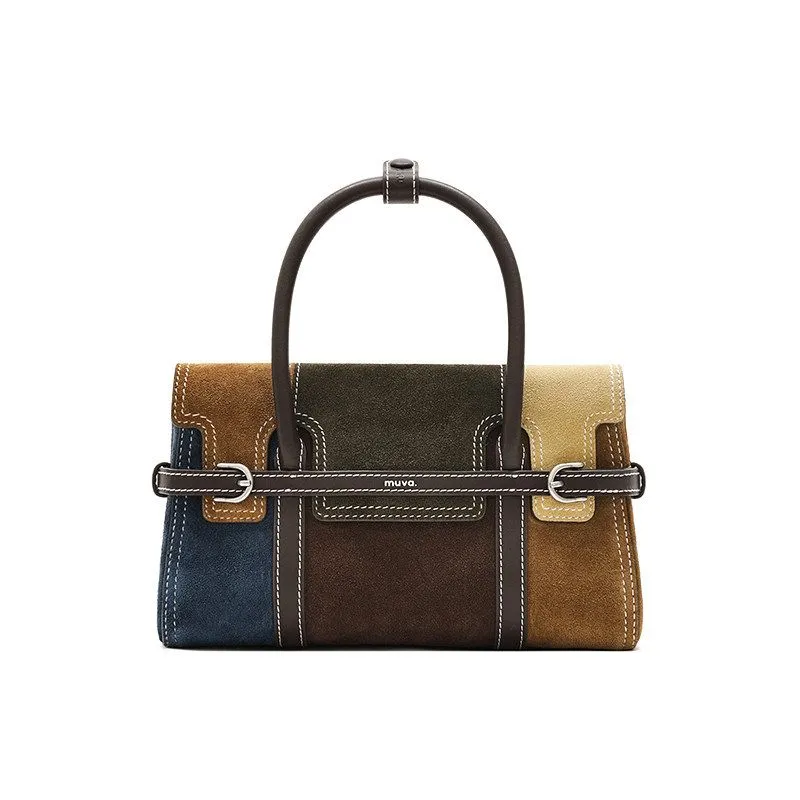 Muva Suede Color-block Handbag, Retro Aesthetic Design Tote - Brown