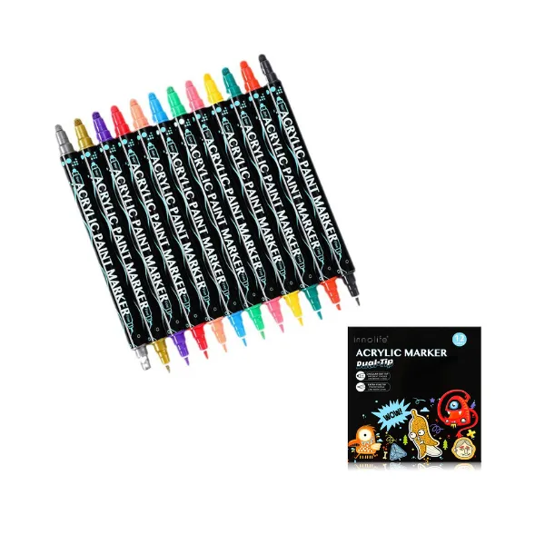 Dual Tip Fabric Marker Pens - Acrylic Textile - Permanent - 12 Colours