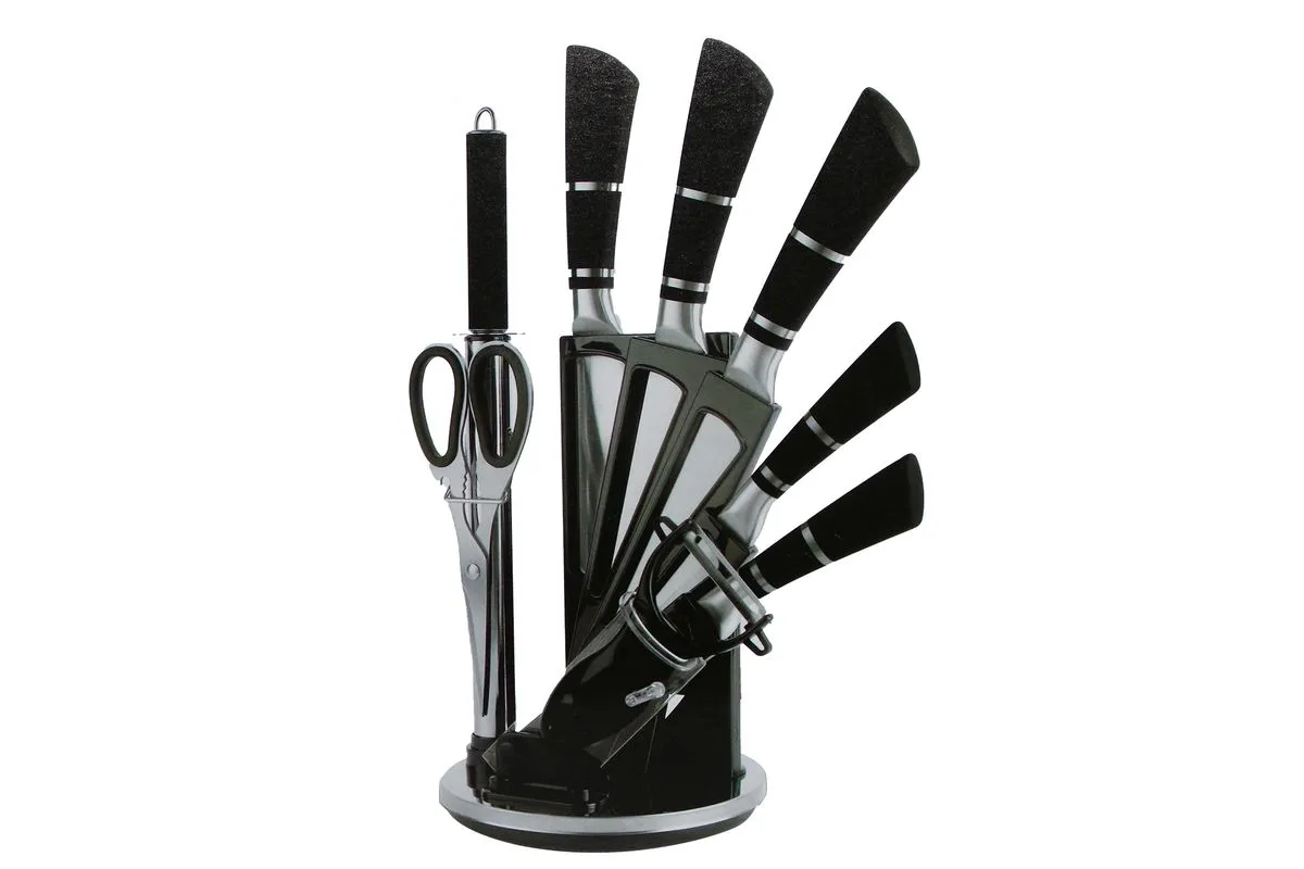 Delicate Touch 9 Piece Stainless Steel Kitchen Knife Set & Rotating Stand - Black