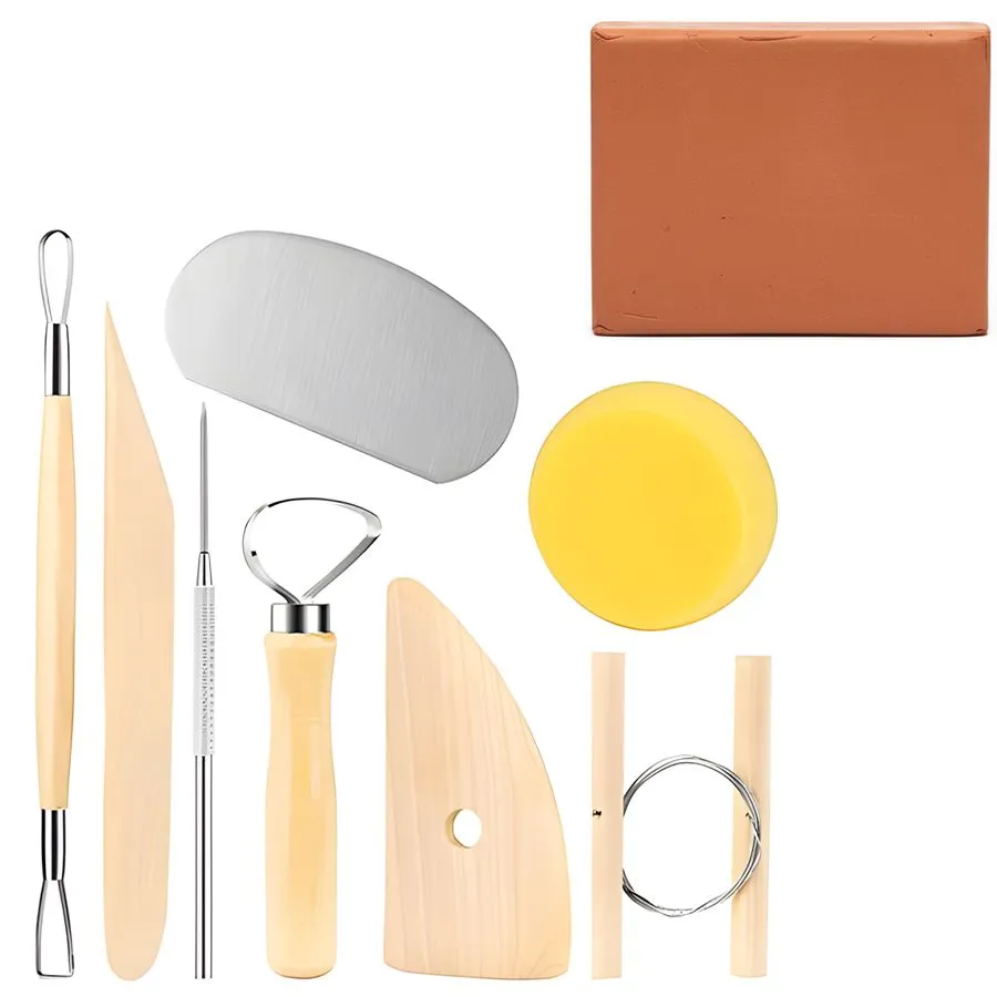 8 Pieces Sculpting Pottery Clay Cleaning Tools Set + 250g Modeling Clay - Terracotta