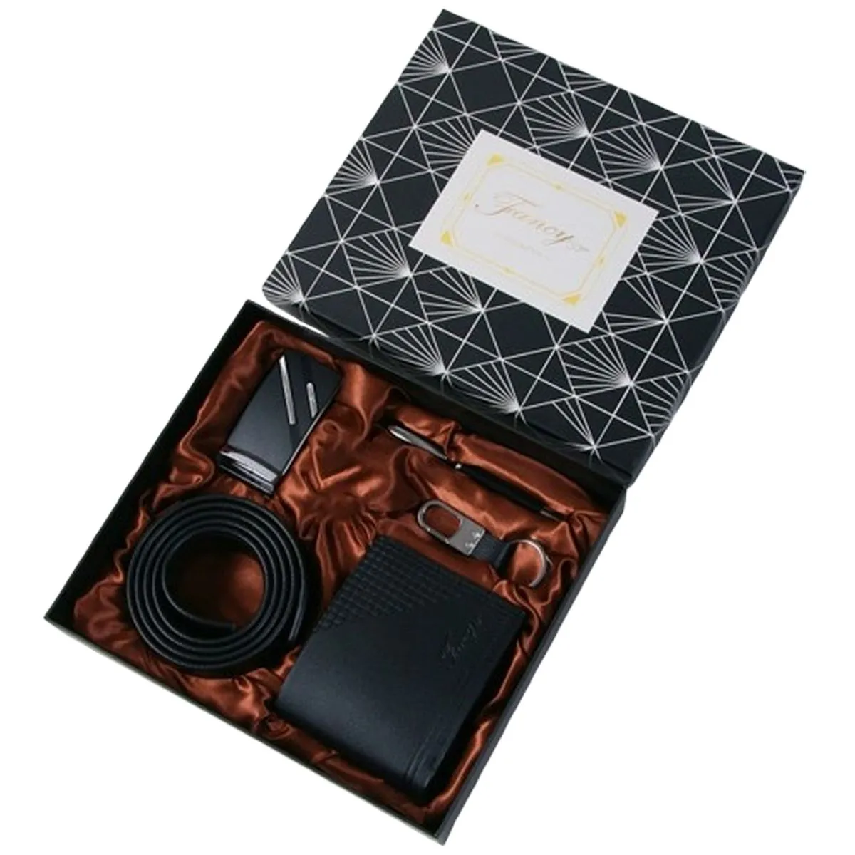 Perfect Gift Set For Him:Leather Wallet + Leather Belt Keychain, Pen - Black