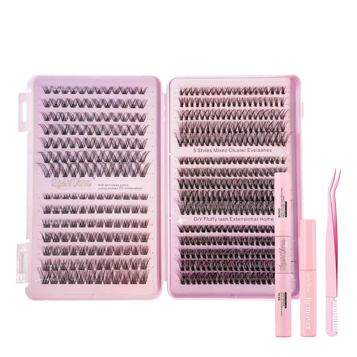 Lash Extension Cluster Kit - 482 Pcs With Bond, Seal, Remover & Tweezers - Five Style 482Pcs