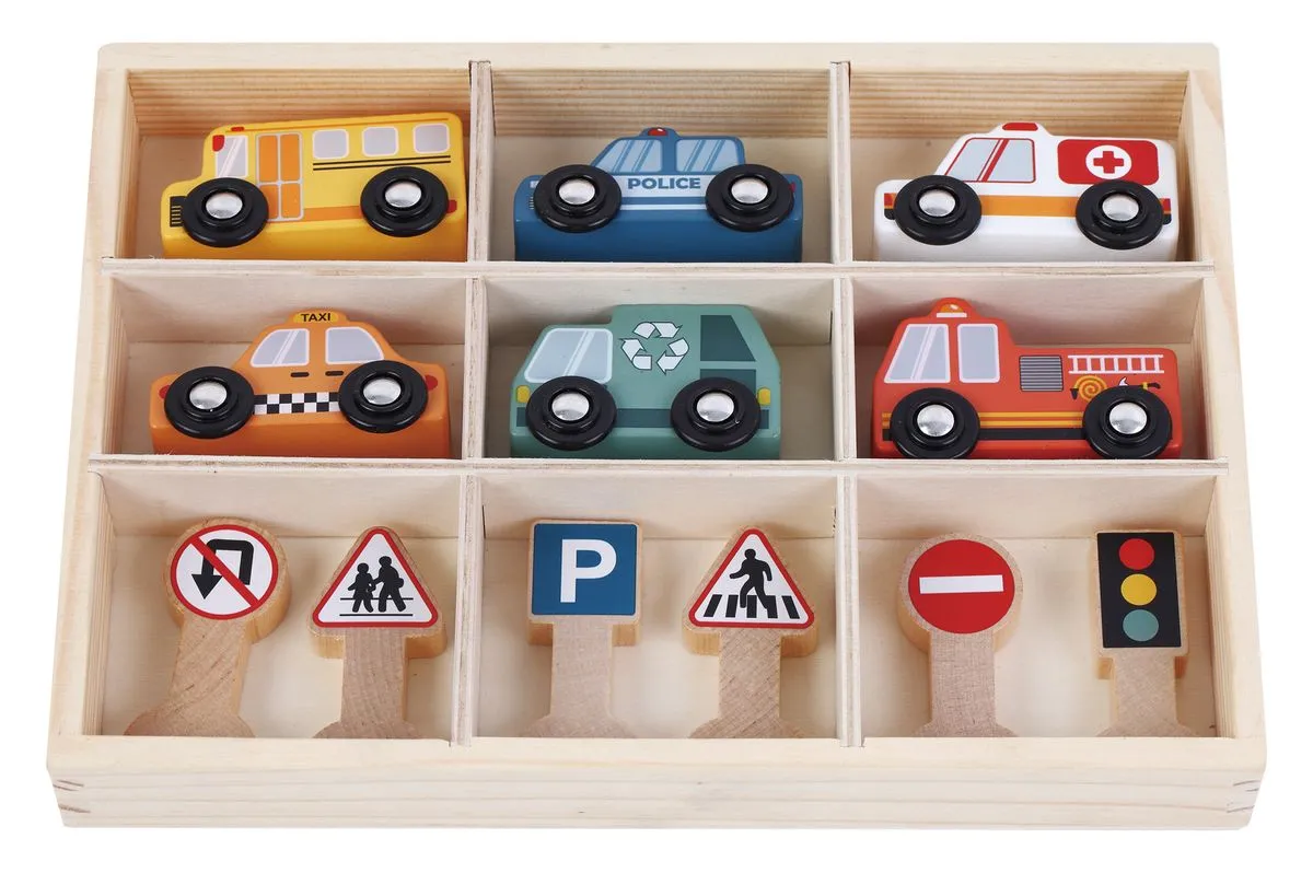 Wooden Educational Toy Vehicles & Traffic Signs - 12 Piece Set