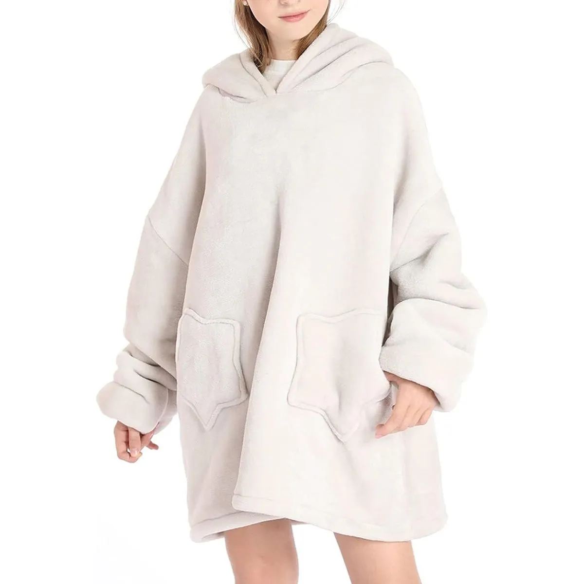 Oversized Blanket Hoodie for Kids Fluffy Warm Flannel Hooded with Pockets - White