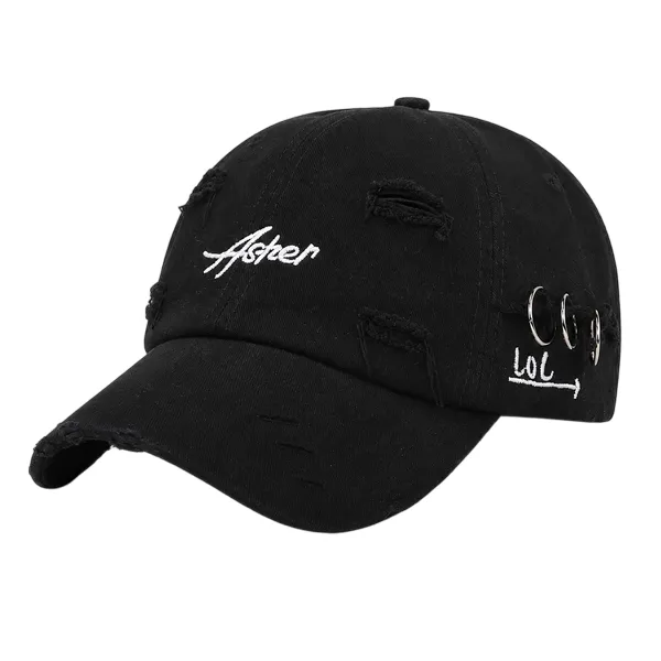 Distressed Vintage Baseball Cap Embroidered Streetwear Hip Hop Hat - Black