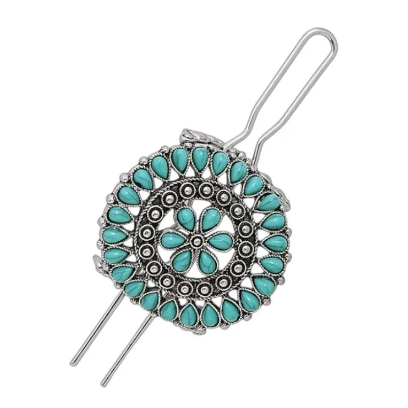 Vintage Turquoise Hair Clip with Floral Filigree